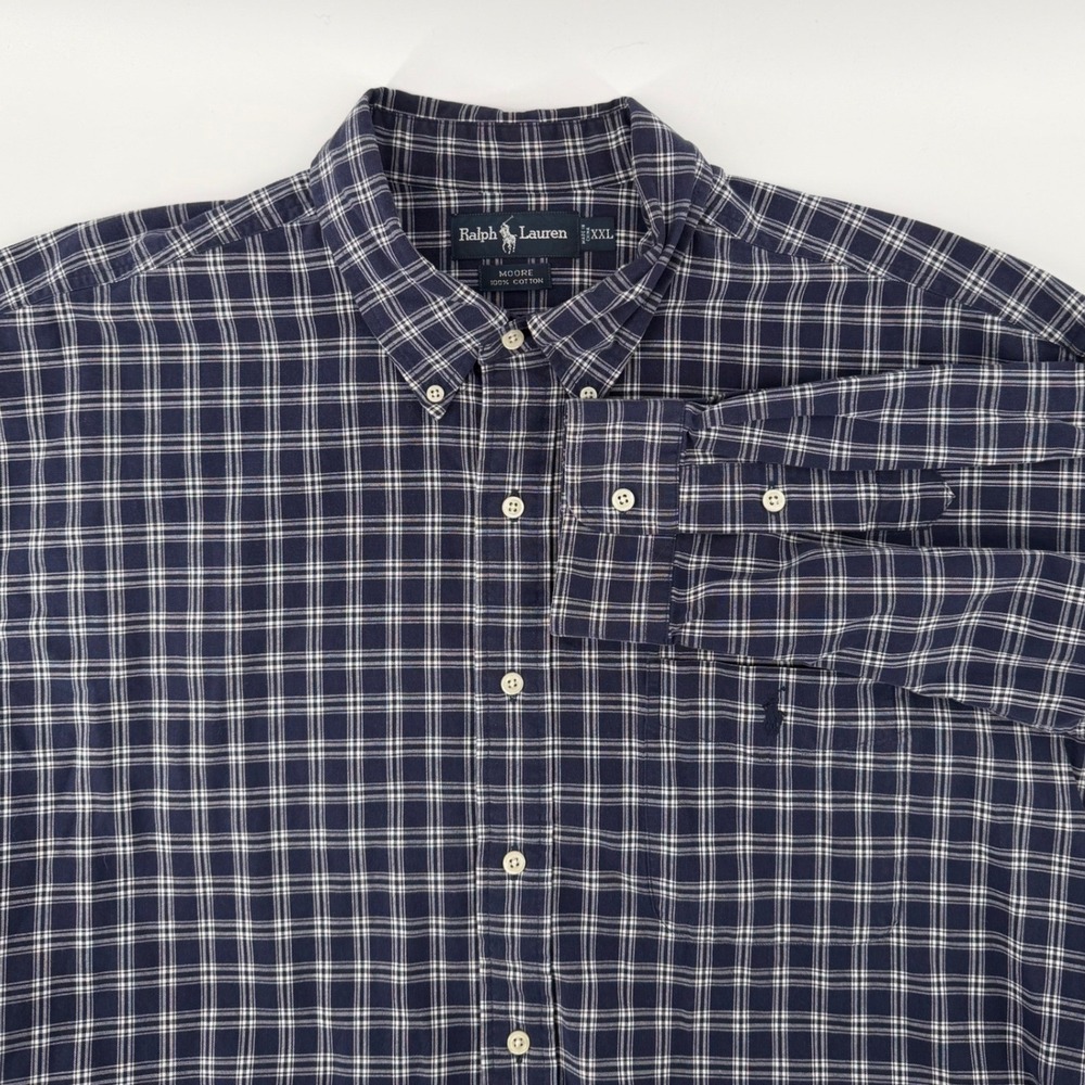 Ralph Lauren Moore Mens XXL Navy Blue White Plaid‎ Button Down Cotton Shirt